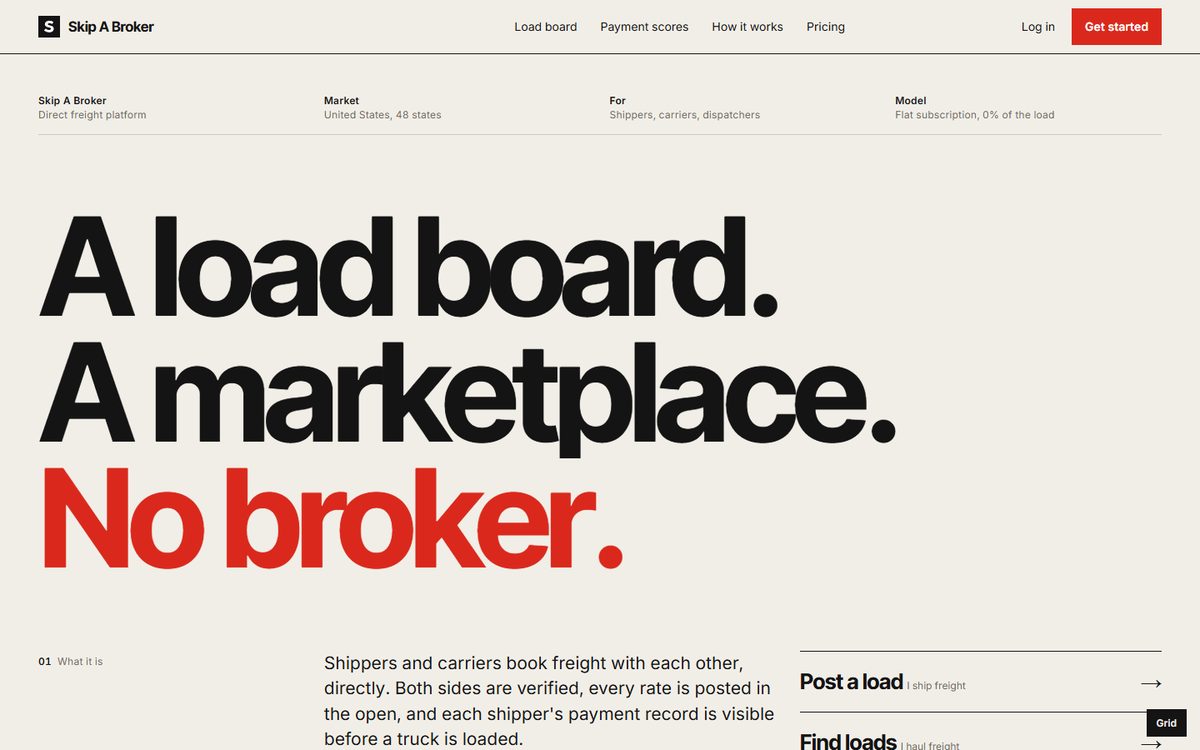 瑞士风完整版首屏：米白底，黑色超大字 A load board. A marketplace. No broker.，最后一句为红色