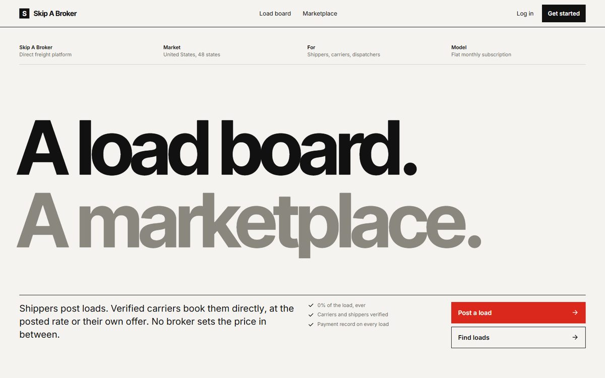 瑞士风简化版首屏：米白底，黑色 A load board.，下方灰色 A marketplace.，右侧红色 Post a load 按钮